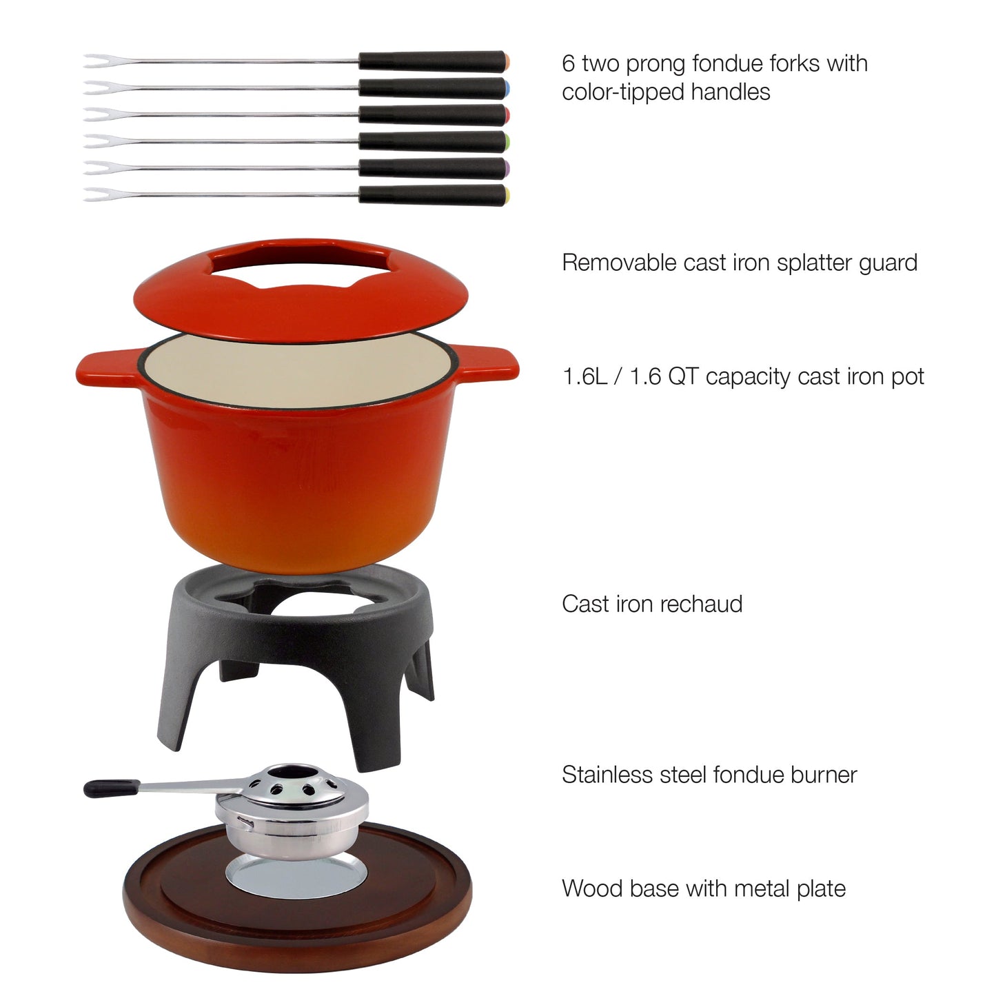 Sierra 11 Piece Cast Iron Fondue Set, Orange